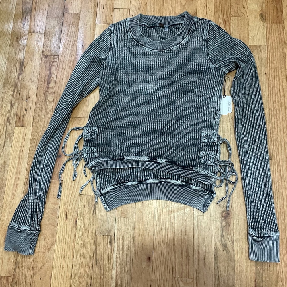 Free People Gray Waffle Sweater Thermal Top